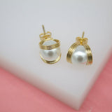 18K Gold Filled Pearl Stud Earrings With Golden Rings