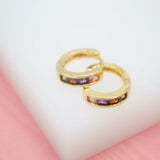 18K Gold Filled Huggies Earrings With Multi Color Rectangle CZ Cubic Zirconia Stones (L73)(STYLE B)