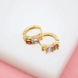 18K Gold Filled Huggies Earrings With MultiColor Oval CZ Cubic Zirconia Stones (L73) (Style YY)