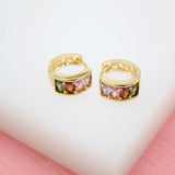 18K Gold Filled Huggies Earrings With MultiColor Oval Shaped CZ Cubic Zirconia Stones