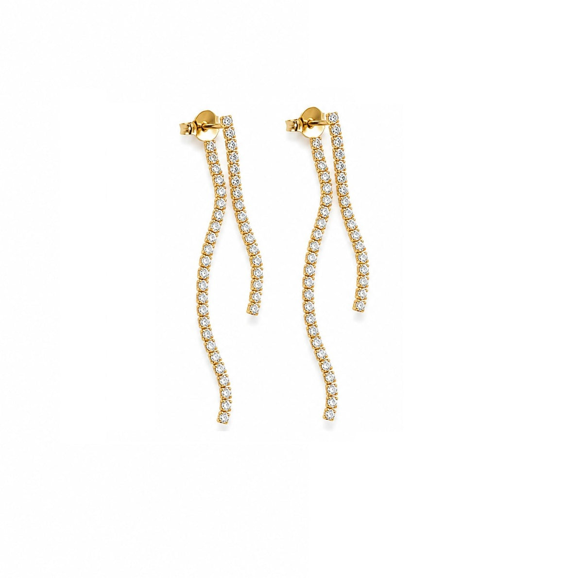 A pair of elegant gold diamond-encrusted drop earrings showcases wavy, dangling strands against a clean white background.