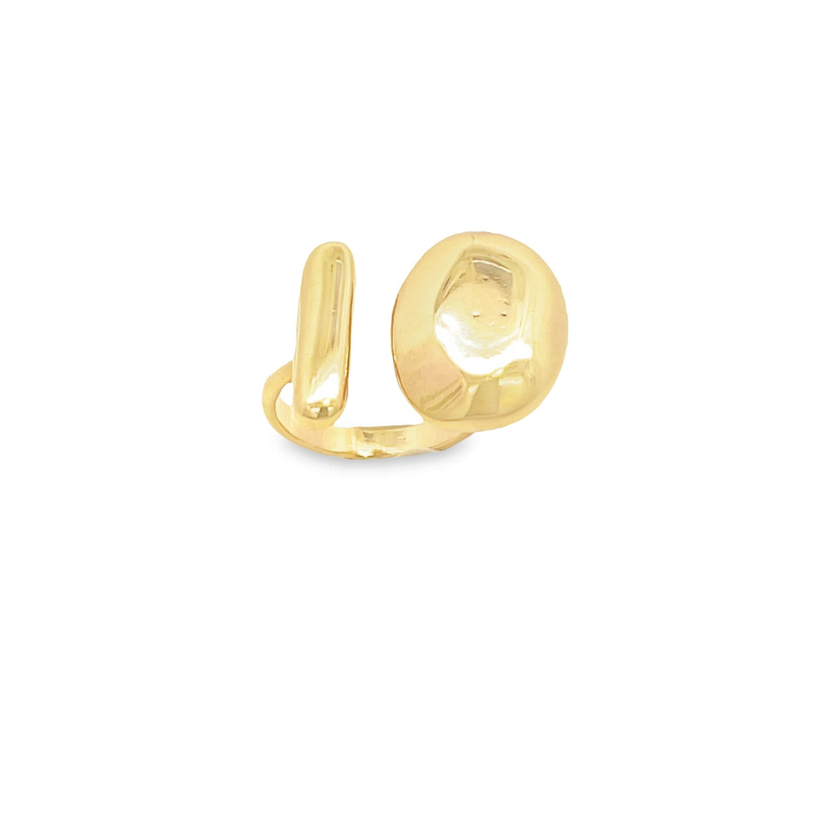 An abstract gold ring features an open design with a vertical bar and a smooth, rounded organic shape.