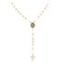 A polished gold rosary necklace hangs against a white background, featuring round gold beads, an oval centerpiece, and a delicate cross pendant.