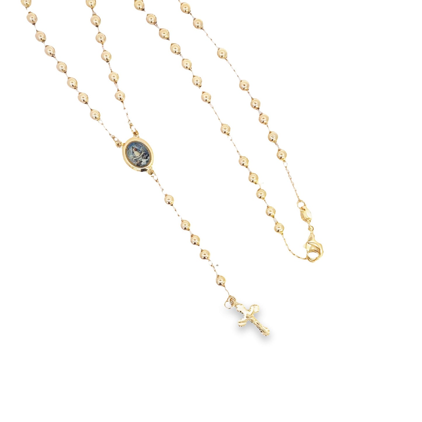 A delicate gold rosary necklace featuring beaded chains and a small crucifix against a clean white background.