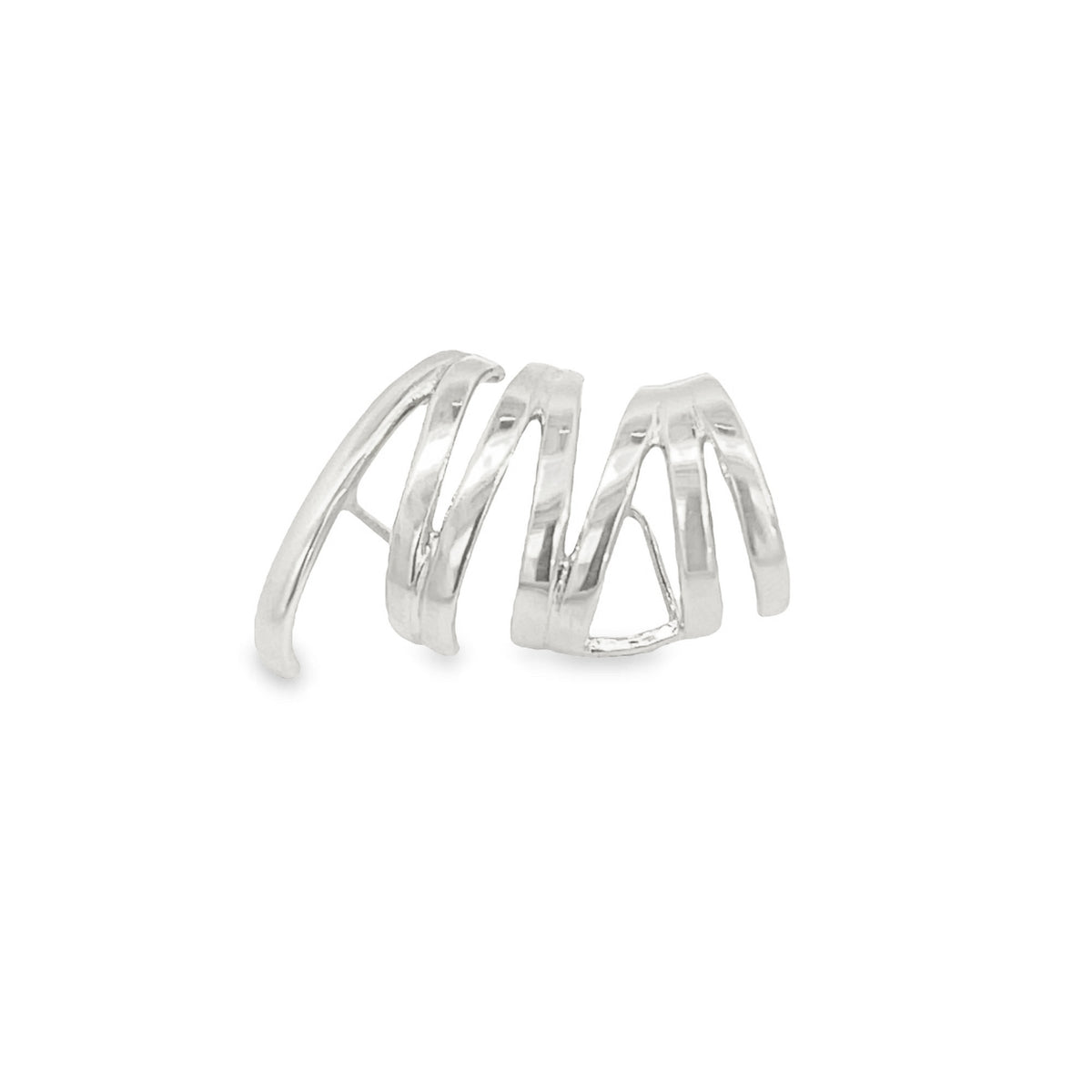 A shiny silver ear cuff features a multi-strand wrap-around design against a plain white background.