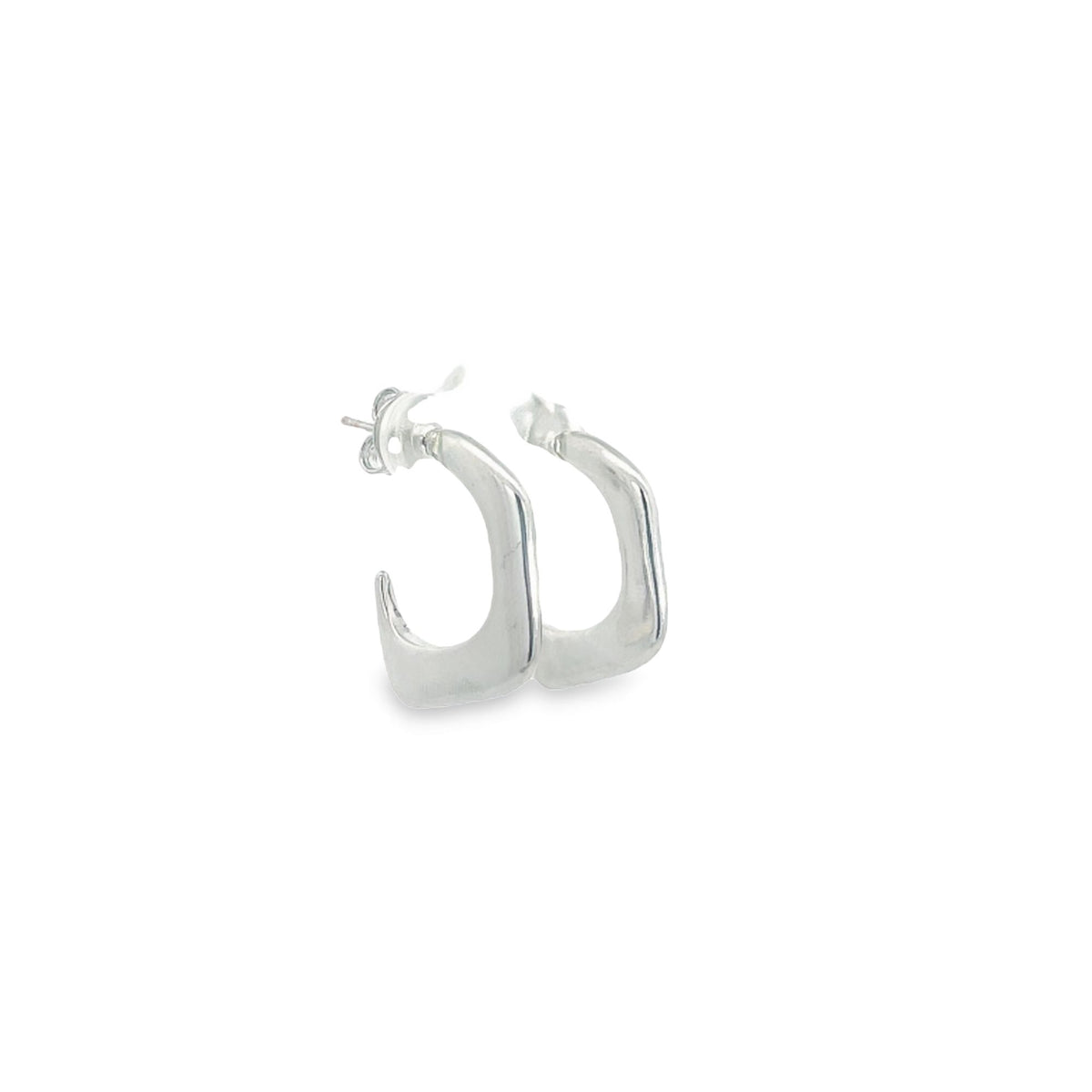 A pair of sleek silver chunky square hoop earrings rests against a clean white background.