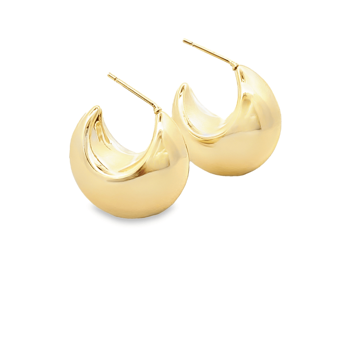 A pair of polished gold chunky hoop earrings gleams against a white background.