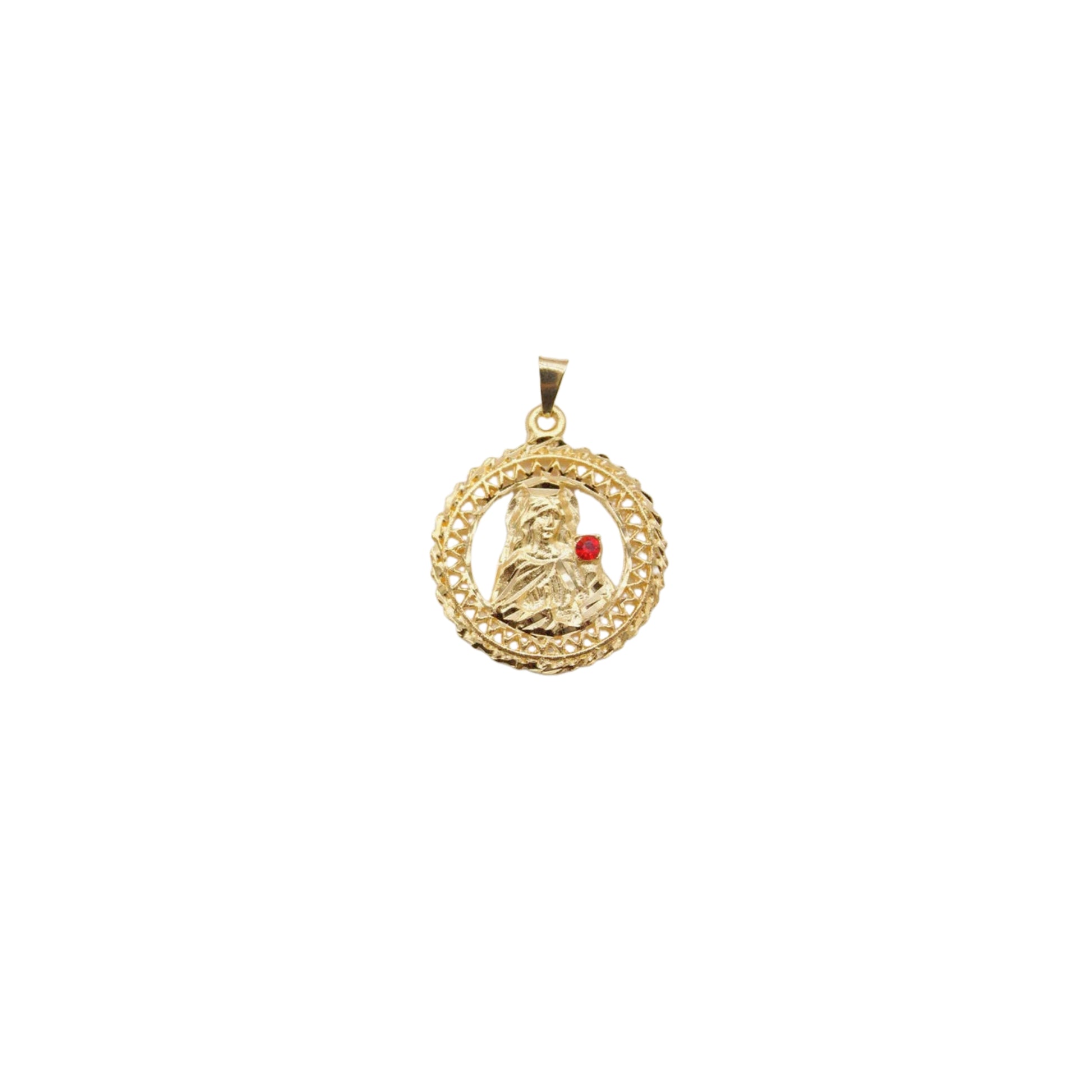 A round gold religious pendant features an intricate frame and a depiction of the Virgin Mary adorned with a single red gemstone.