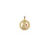 A round gold religious pendant features an intricate frame and a depiction of the Virgin Mary adorned with a single red gemstone.