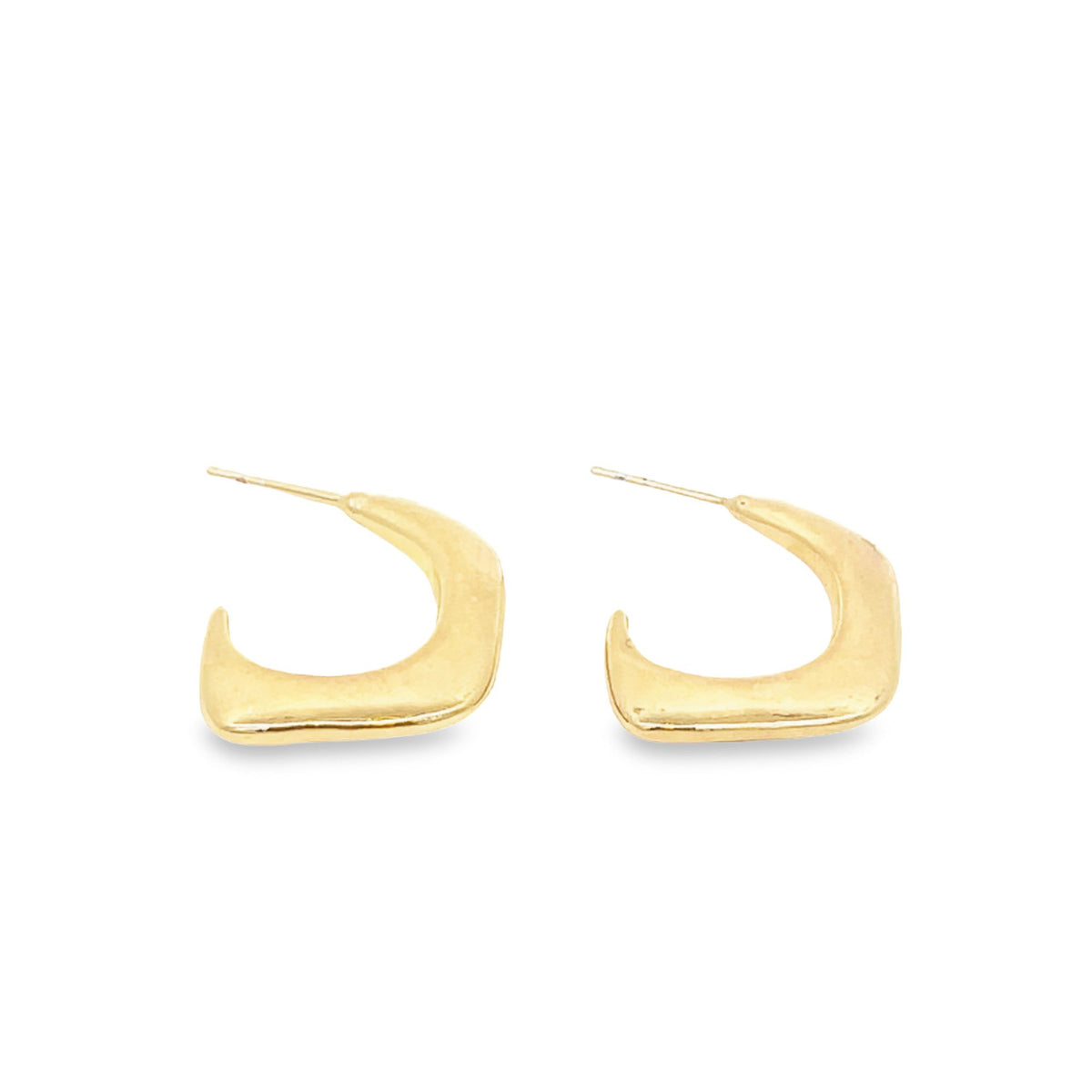 A pair of minimalist gold geometric hoop earrings rests against a clean white background.