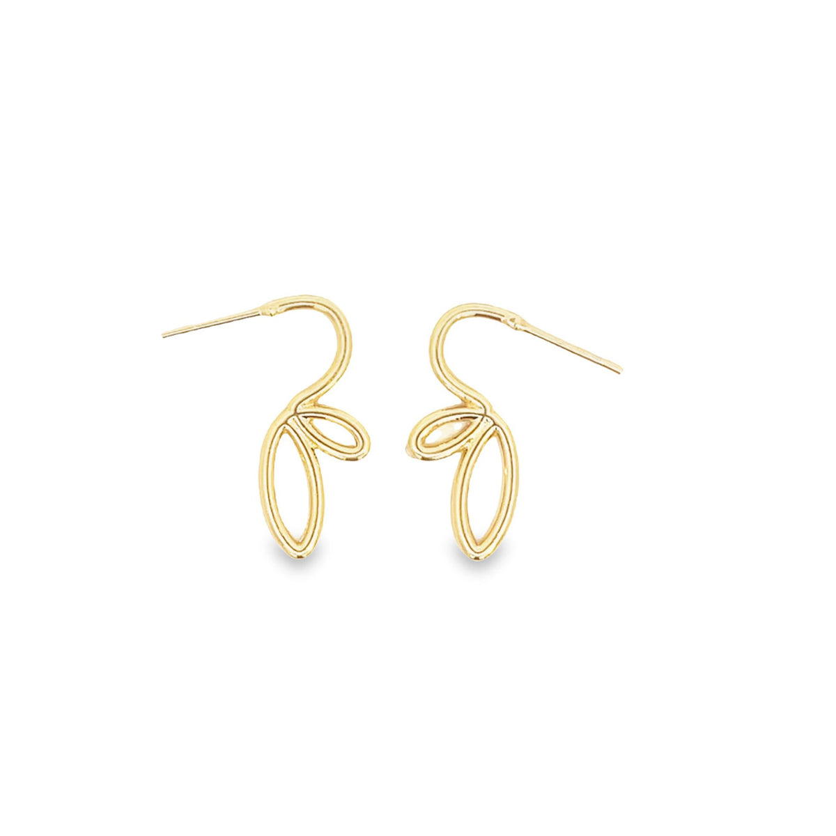 A pair of delicate gold leaf-shaped stud earrings rests against a clean white background.