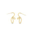 A pair of delicate gold leaf-shaped stud earrings rests against a clean white background.
