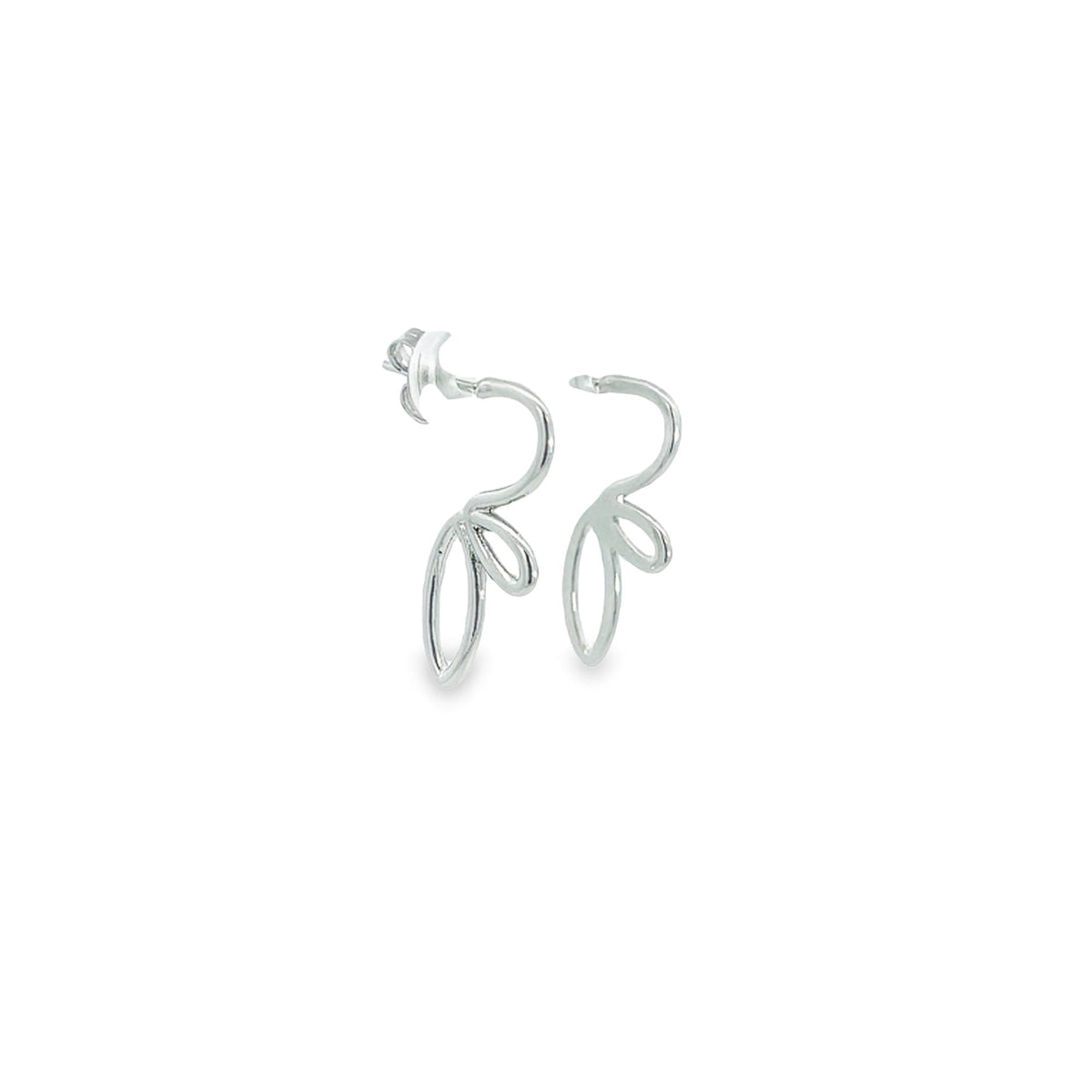 A pair of unique silver earrings features an abstract, curved loop design against a plain white background.