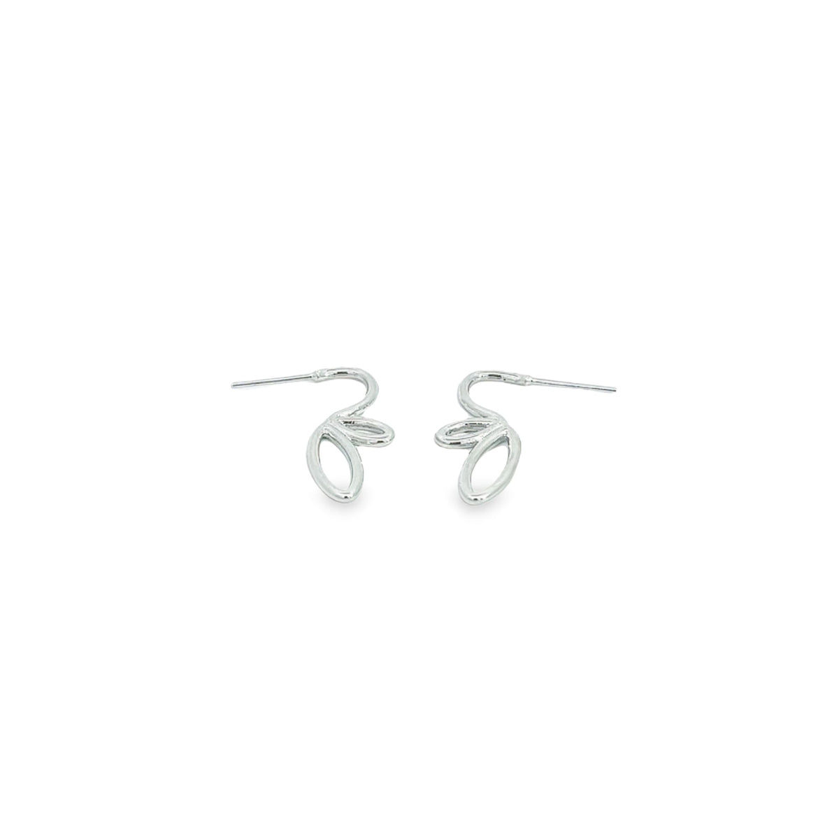 A pair of silver swirl-shaped stud earrings rests against a clean white background.