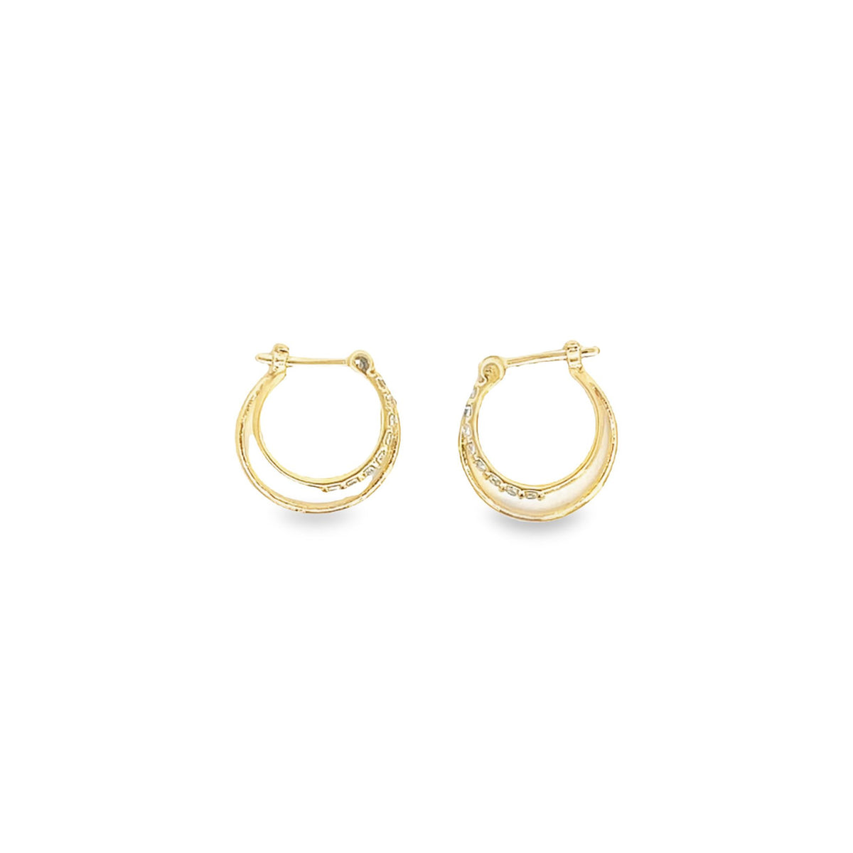 A pair of elegant gold hoop earrings gleams against a clean white background.