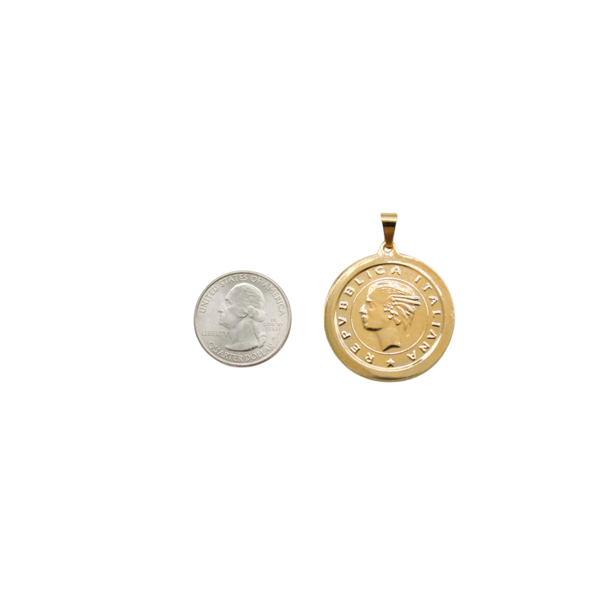 A gold Italian coin pendant sits next to a US quarter coin for size comparison on a white background.