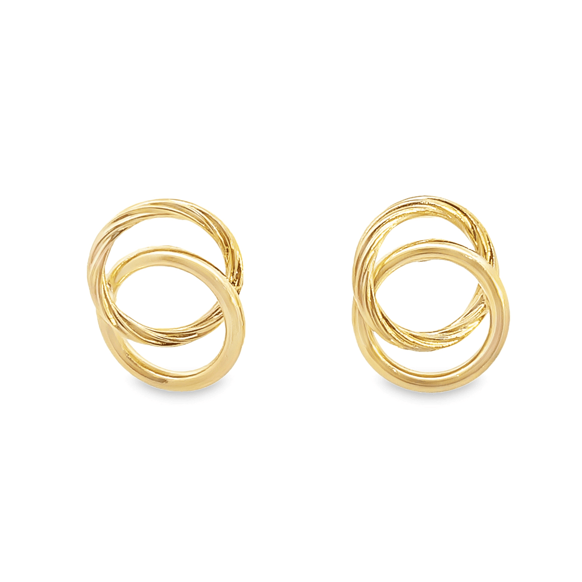 A pair of elegant gold double hoop earrings rests against a clean white background.