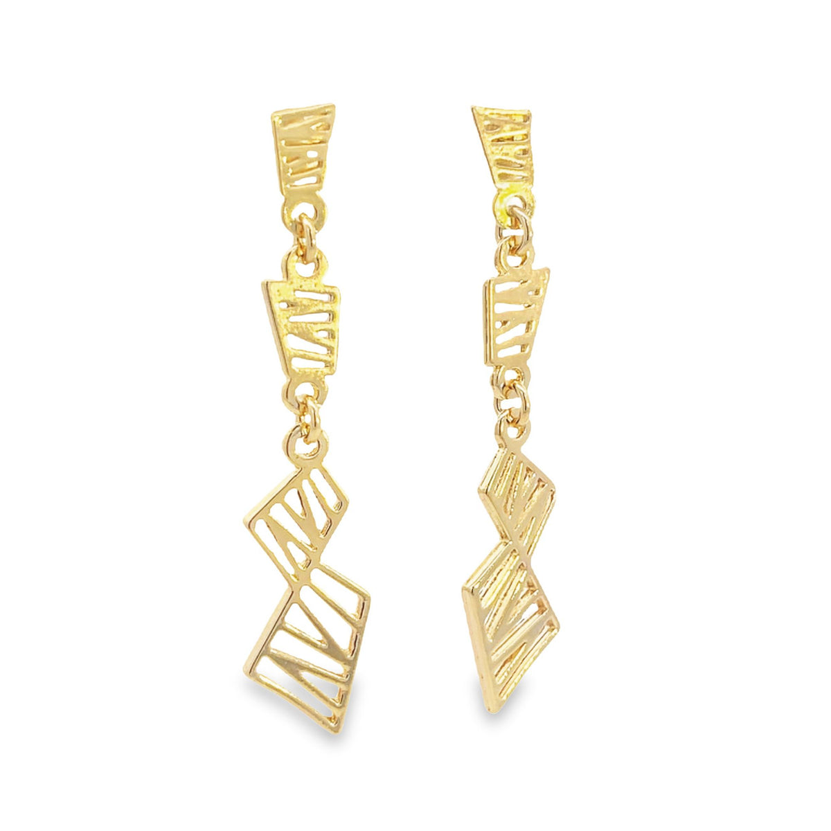 A pair of contemporary gold dangle earrings features geometric openwork links against a clean white background.