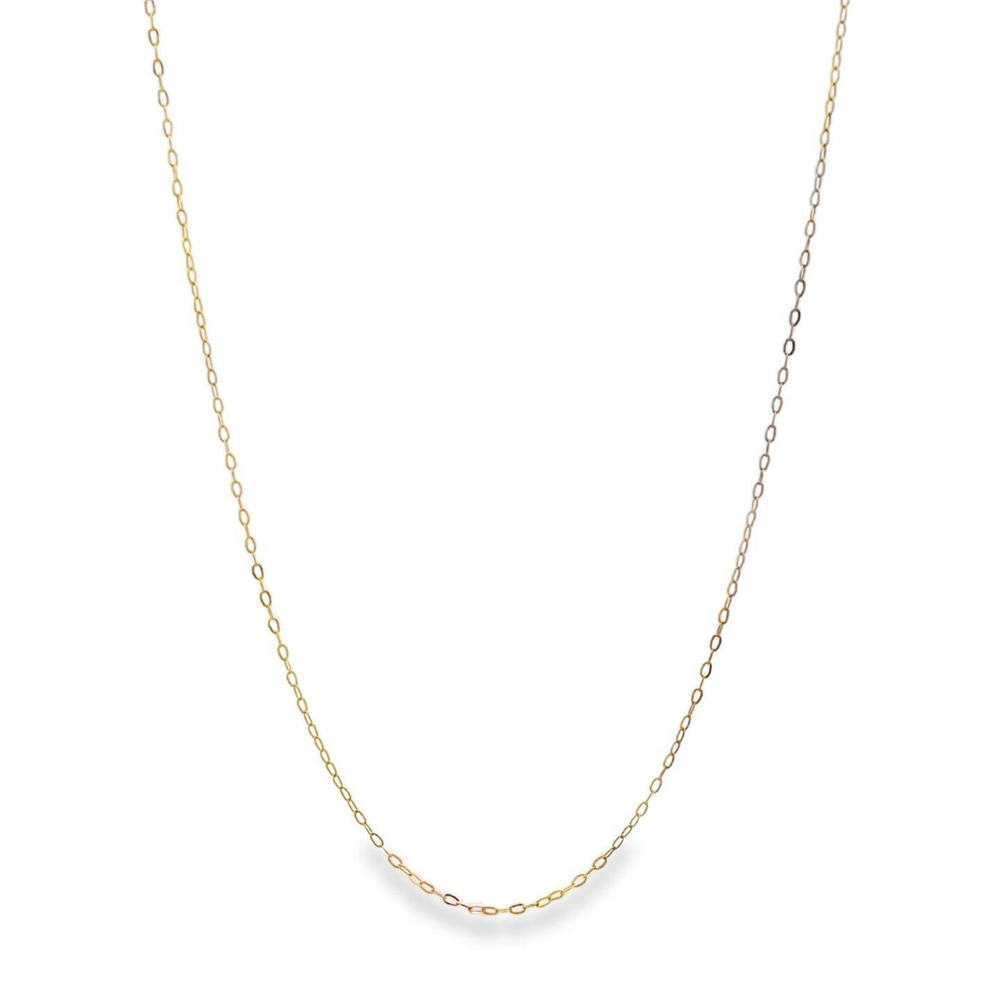A delicate gold chain necklace drapes against a clean white background.