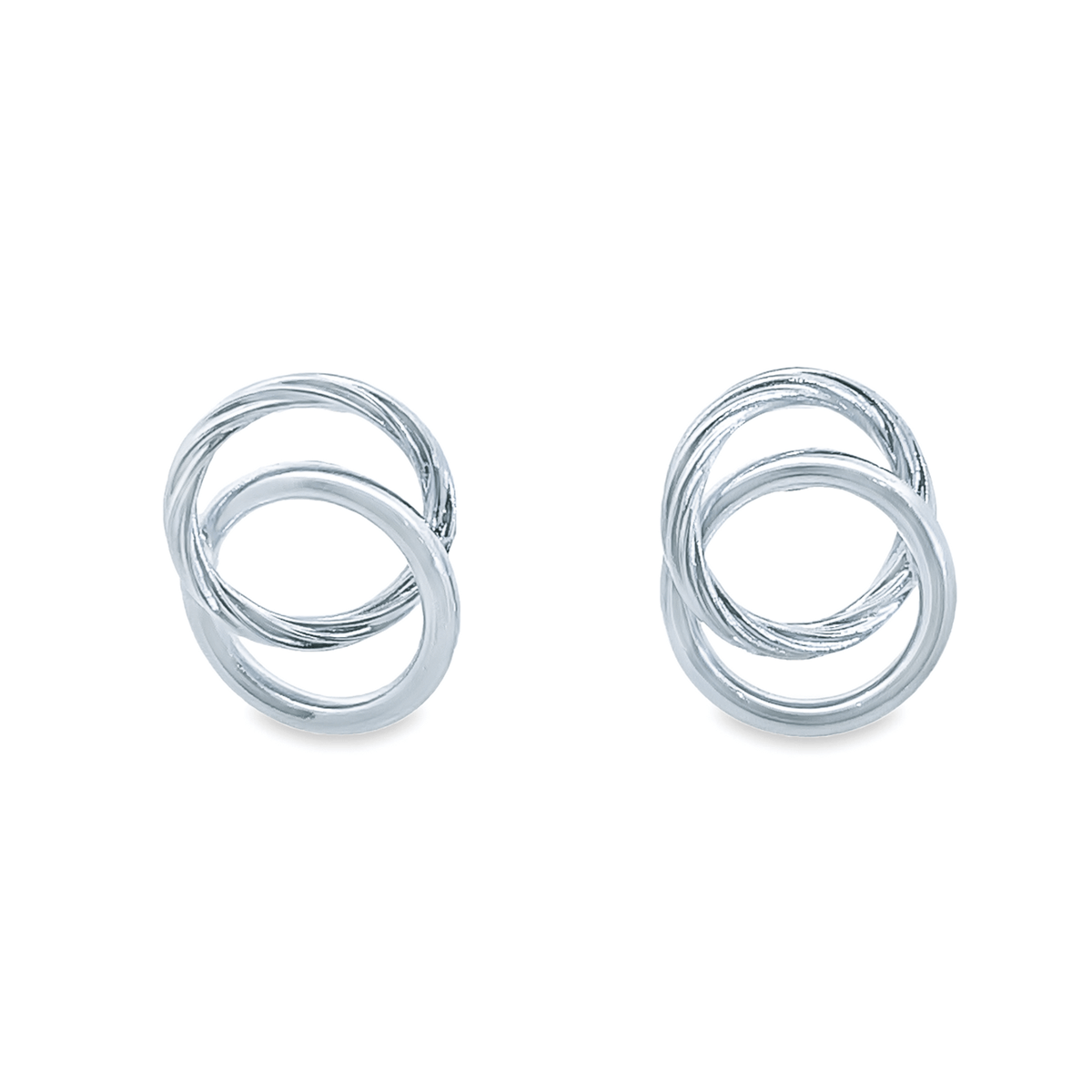 A pair of polished silver interlocking circle earrings showcases a modern double hoop design against a clean white background.