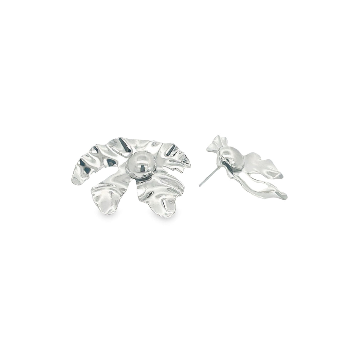 A pair of abstract silver earrings featuring rippled, organic leaf-like designs with a central sphere.