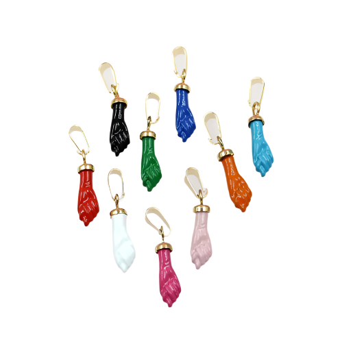 A collection of colorful enamel fist figa charms and pendants in various bright shades features gold bails against a white background.