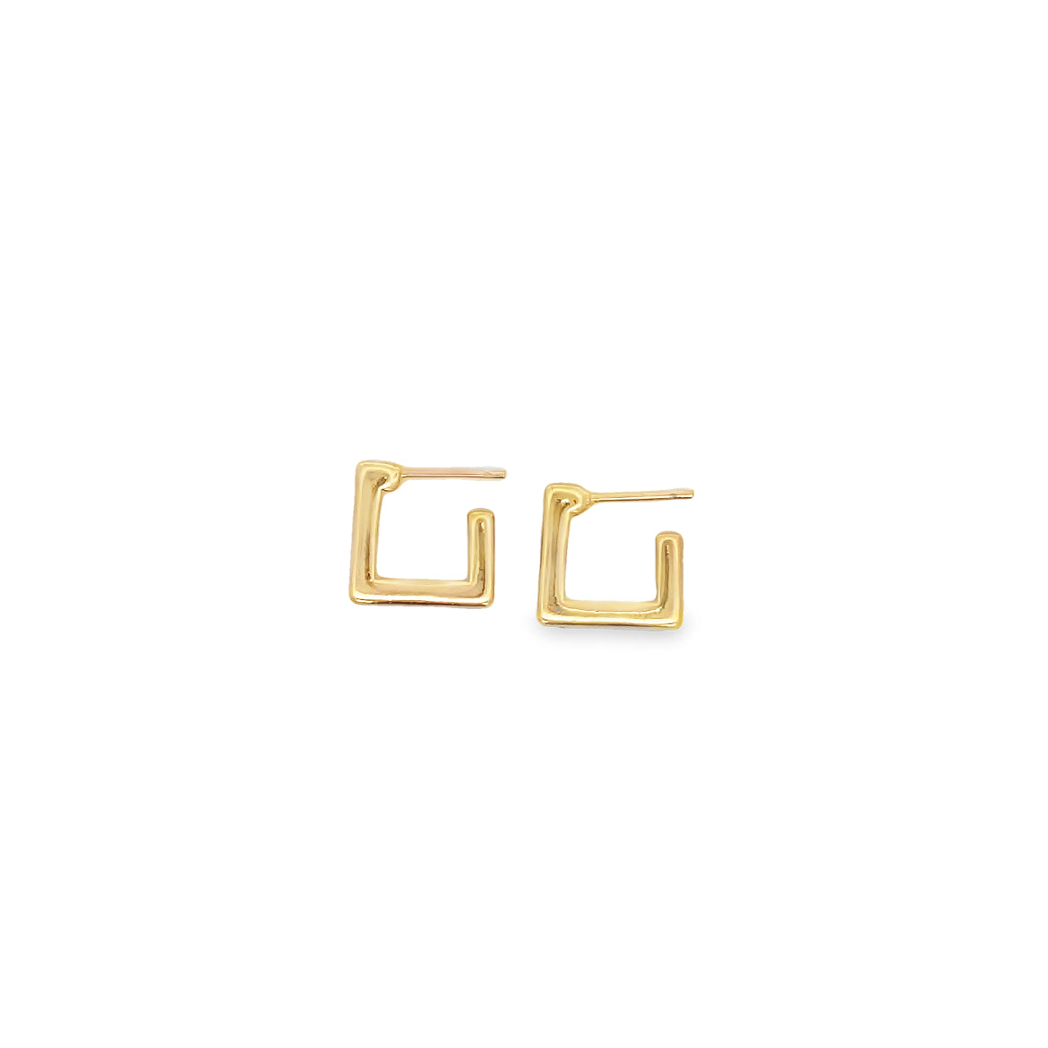 A pair of gold square hoop earrings rests against a white background.