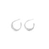 A pair of sleek silver multi-strand hoop earrings rests against a clean white background.