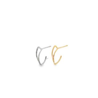 A silver earring and a gold earring featuring a delicate V-shaped design rest against a clean white background.