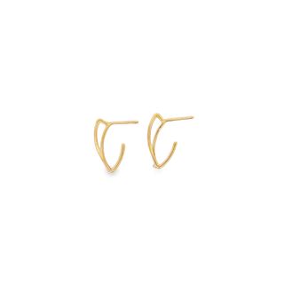 A pair of delicate gold huggie hoop earrings featuring an open, curved modern design rests against a clean white background.