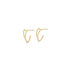 A pair of delicate gold huggie hoop earrings featuring an open, curved modern design rests against a clean white background.