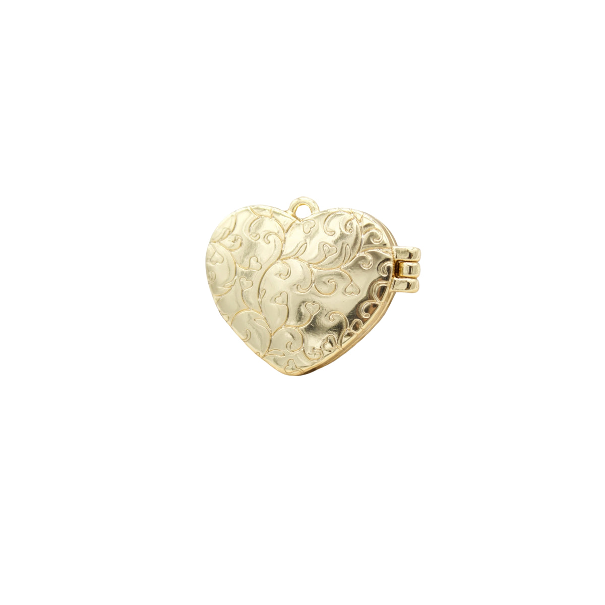 A vintage gold heart locket features an intricate engraved floral and scroll pattern against a plain white background.