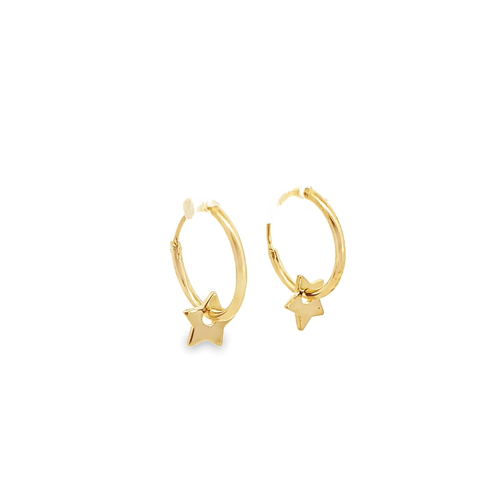 A pair of gleaming gold hoop earrings features dangling star charms against a clean white background.