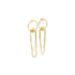 A pair of gold dangle earrings features a central sphere on a hoop with delicate hanging chains.