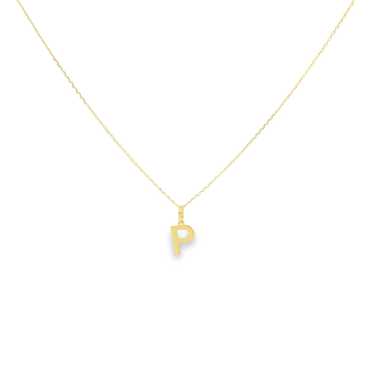 A delicate gold chain necklace displays a polished letter P initial pendant against a clean white background.