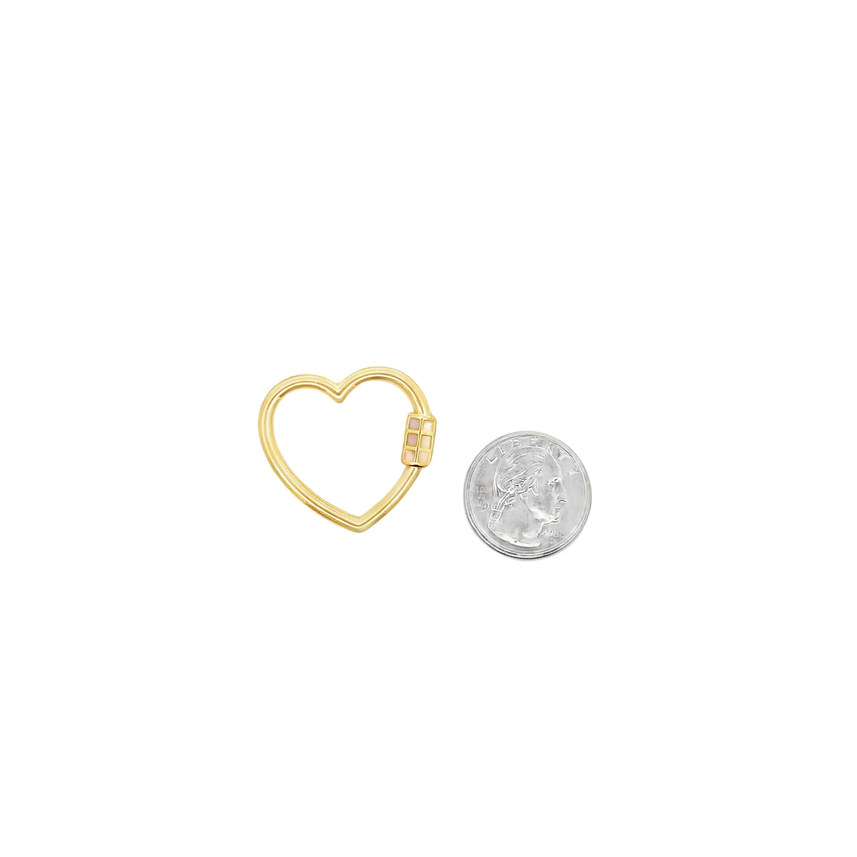 A gold heart-shaped charm clasp rests beside a US quarter for scale on a white background.