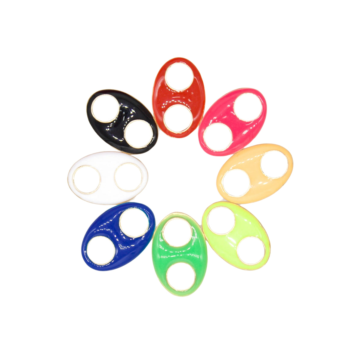 A colorful assortment of eight enameled metal jewelry charms with dual circular cutouts is arranged in a circular pattern on a white background.