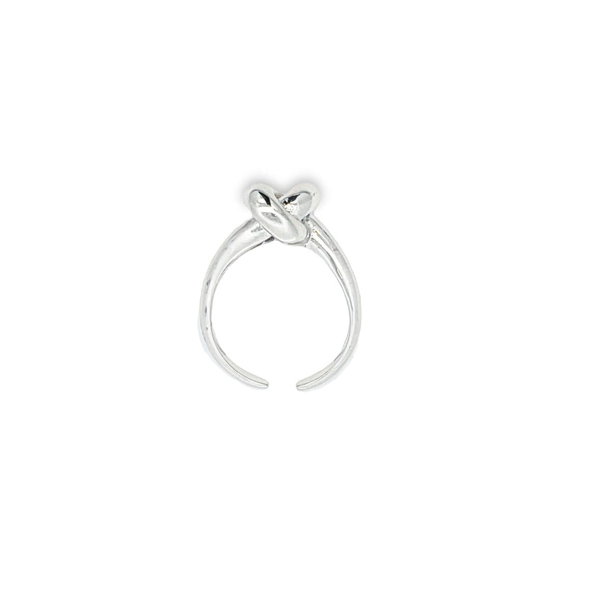 A sleek silver adjustable ring features an intertwined knot design at the center against a clean white background.
