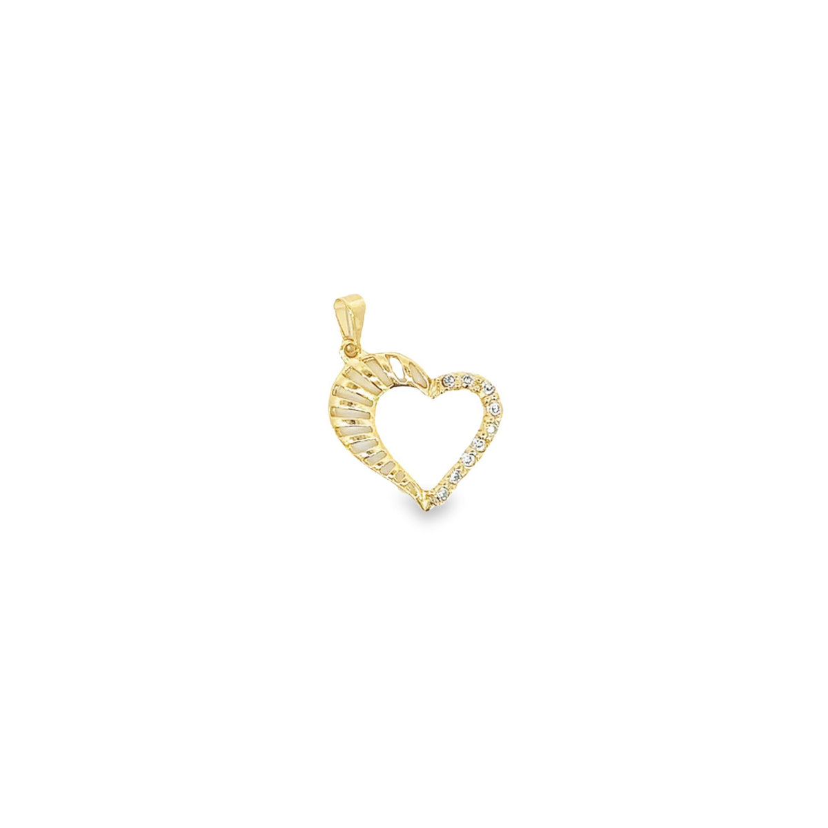 A gold heart pendant features mother-of-pearl inlay on one side and sparkling cubic zirconia crystals along the other.