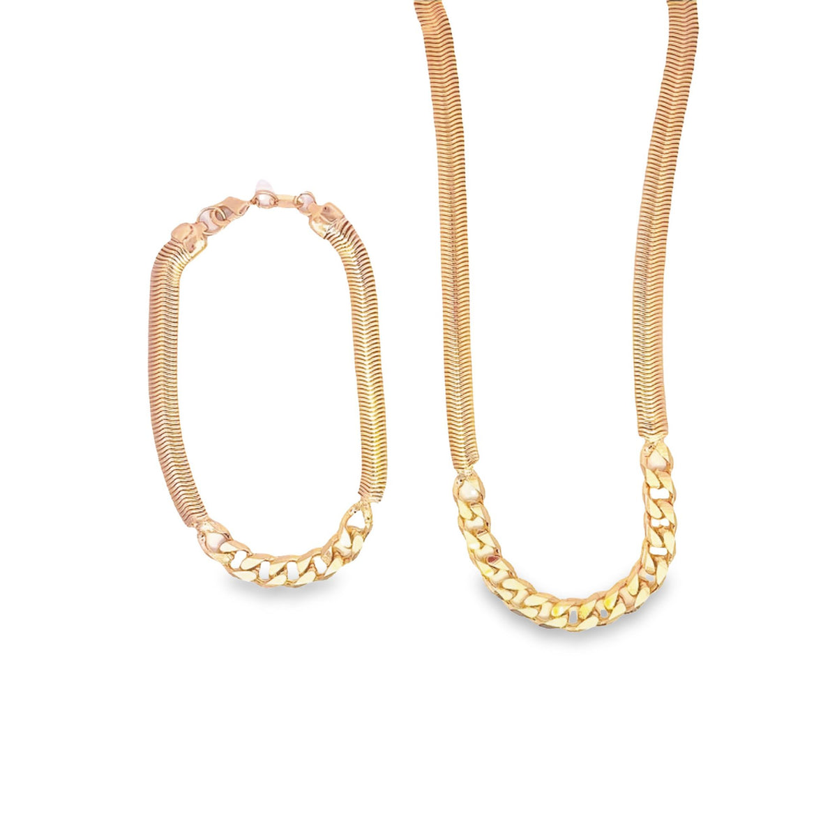 A matching gold jewelry set features a herringbone chain bracelet and necklace with chunky curb chain centerpieces.