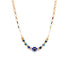 A delicate gold chain necklace features a central evil eye amulet accented with blue beads against a plain white background.
