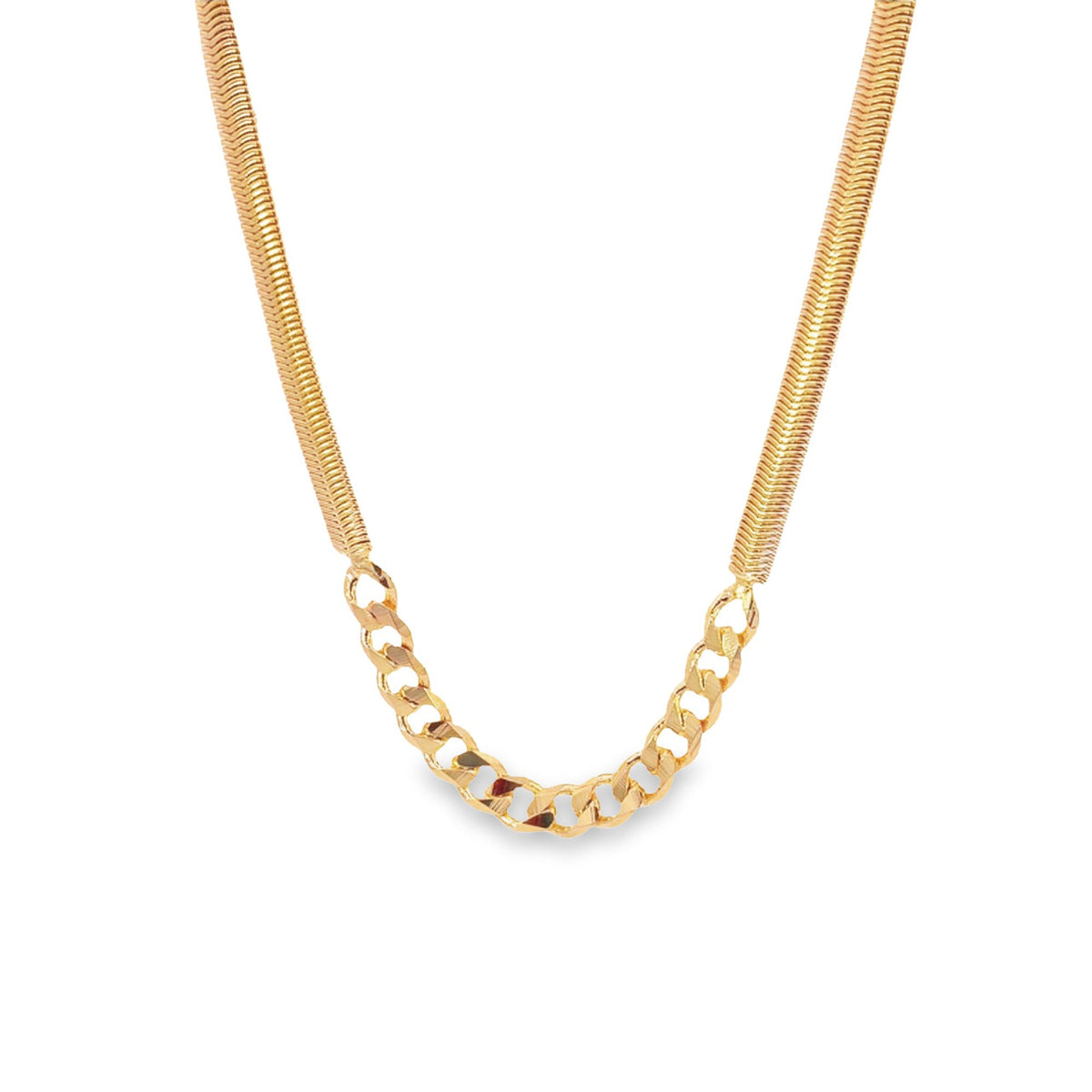 A gold necklace features a unique hybrid design combining smooth herringbone chain sections with a bold curb chain center against a clean white background.