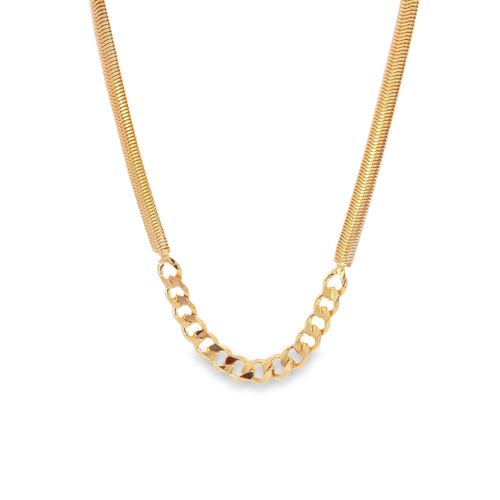 A gold necklace features a unique hybrid design combining smooth herringbone chain sections with a bold curb chain center against a clean white background.