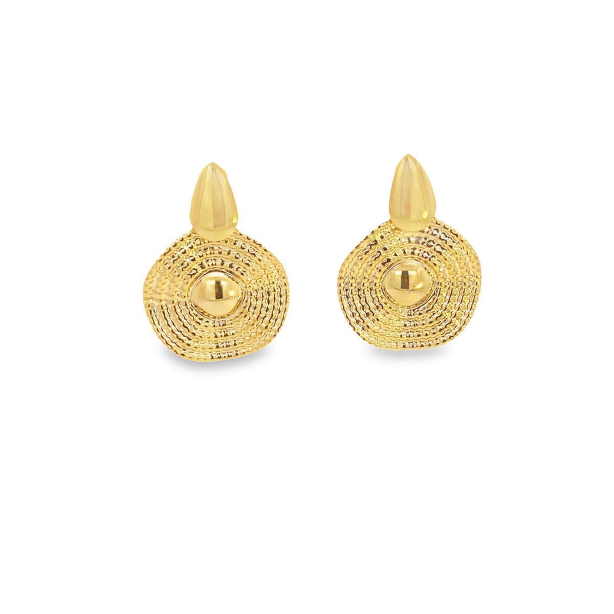 A pair of textured gold stud earrings features a teardrop top and a circular disc with a central bead.