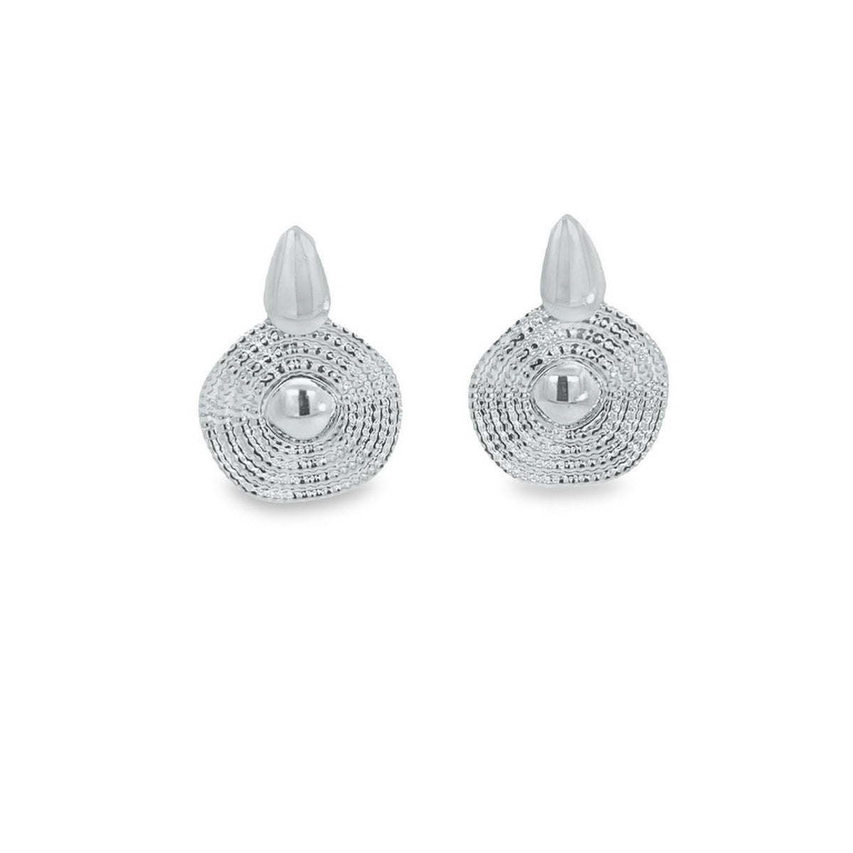 A pair of textured silver stud earrings featuring a teardrop top and a patterned circular base.