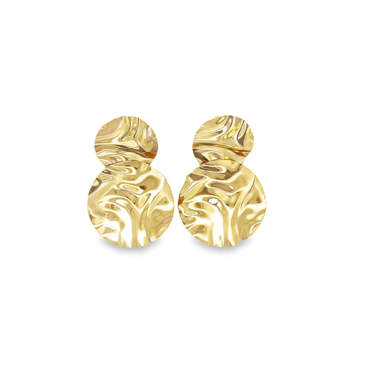 A pair of gold textured abstract double circle earrings resting on a white background.