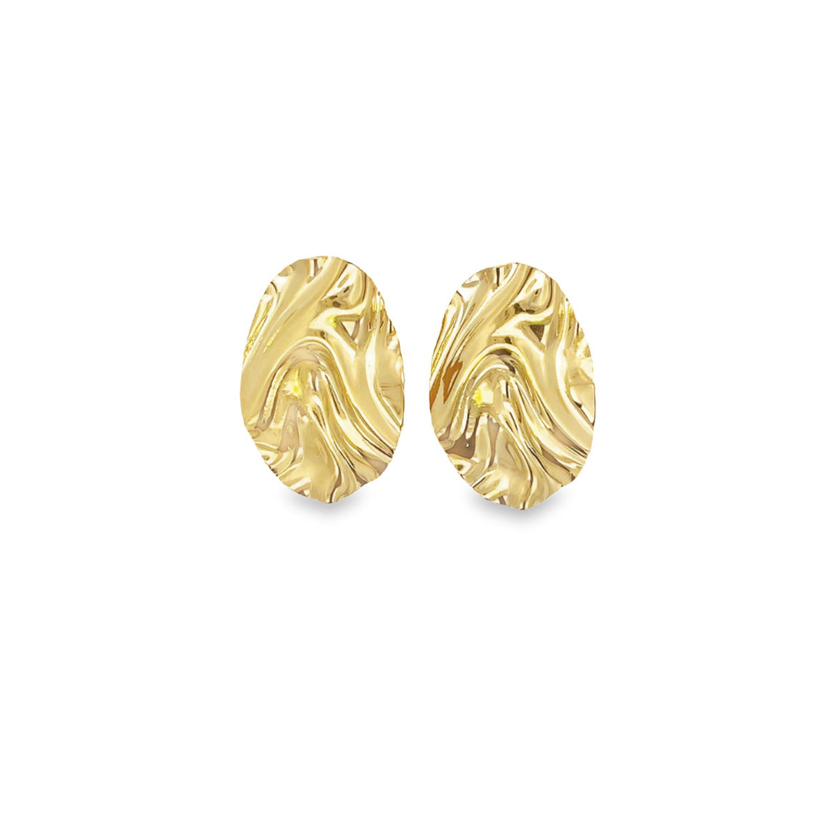A pair of textured oval gold earrings gleams against a clean white background.