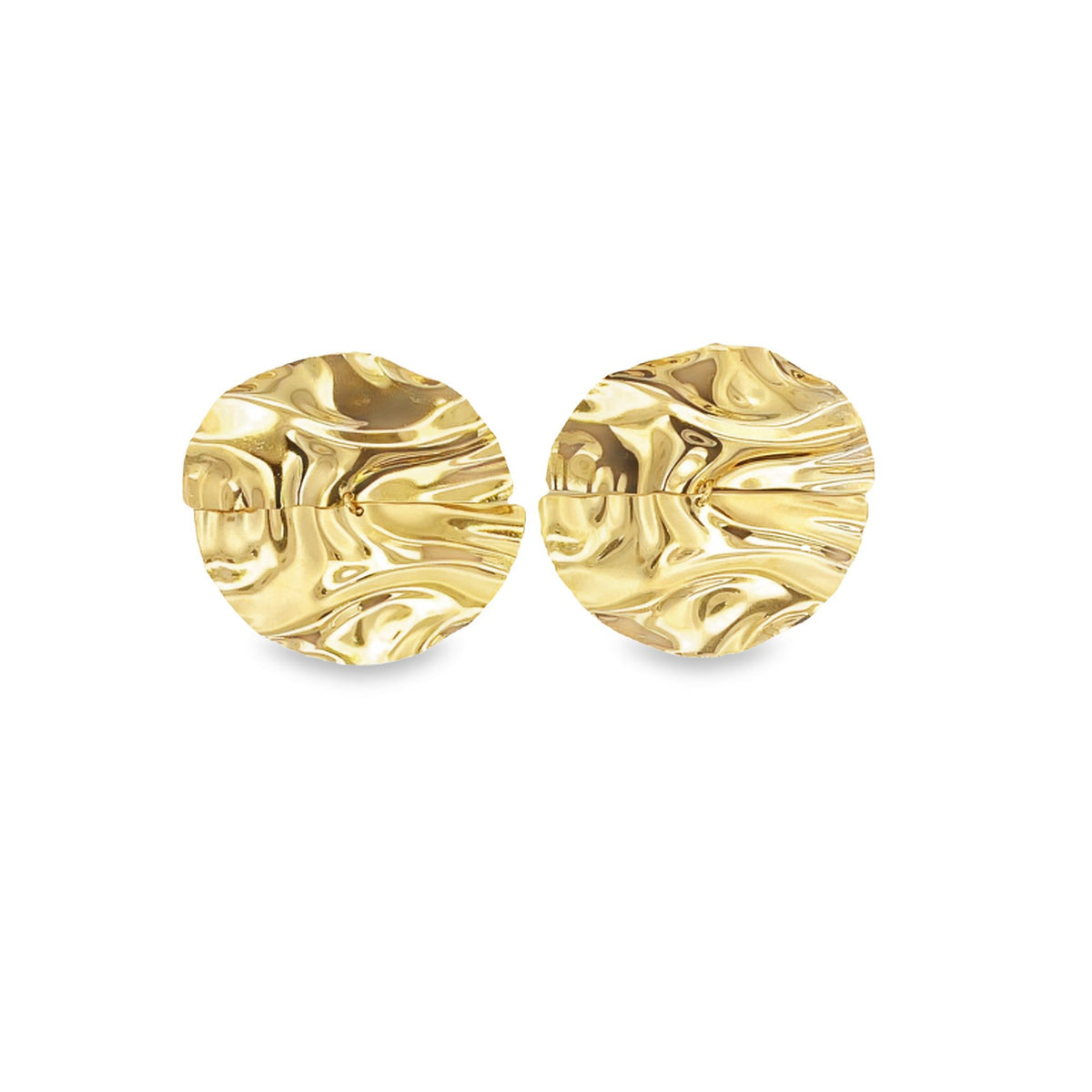 A pair of textured, molten gold disc stud earrings gleams against a clean white background.