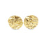 A pair of textured, molten gold disc stud earrings gleams against a clean white background.