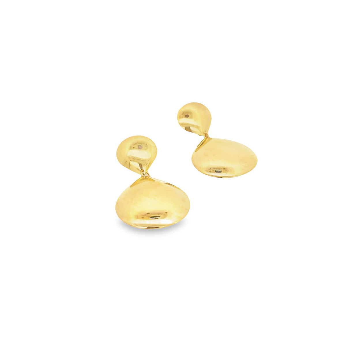 A pair of shiny gold teardrop earrings rests against a clean white background.